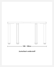 Last inn bildet i Galleri-visningsprogrammet, Illustrasjonsbilde av understell. I dette bildet vises det at Pomelo hev senk pult har justerbar bordben. Beina kan justeres fra 100 cm - 180 cm. 
